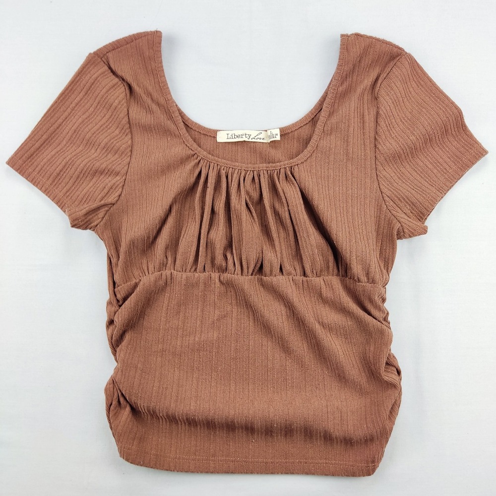 Liberty Love Top Women L Brown Ruched Ribbed Knit Shortâ Sleeve Scoop Neck Tee